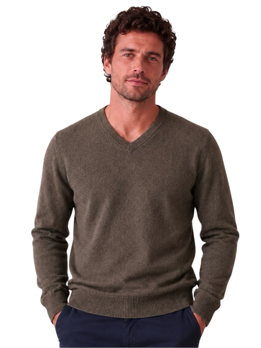 Calvin Klein Olive Merino Wool V-Neck Sweater | Men’s Minimalist Luxury Knit